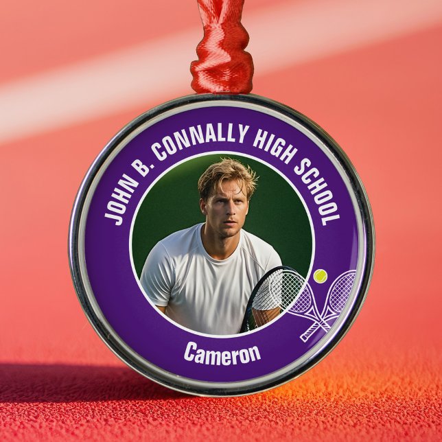 Purple Tennis Player Photo High School Christmas Metal Ornament (Creator Uploaded)