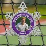 Purple Tennis Player Photo High School Spirit Snowflake Pewter Christmas Ornament<br><div class="desc">This cool customized high school tennis player photo gift features white typography of your team and player name on a snowflake Christmas ornament with a cute tennis ball and rackets on purple. Personalize with your student's photograph and class year as a proud sports parent.</div>