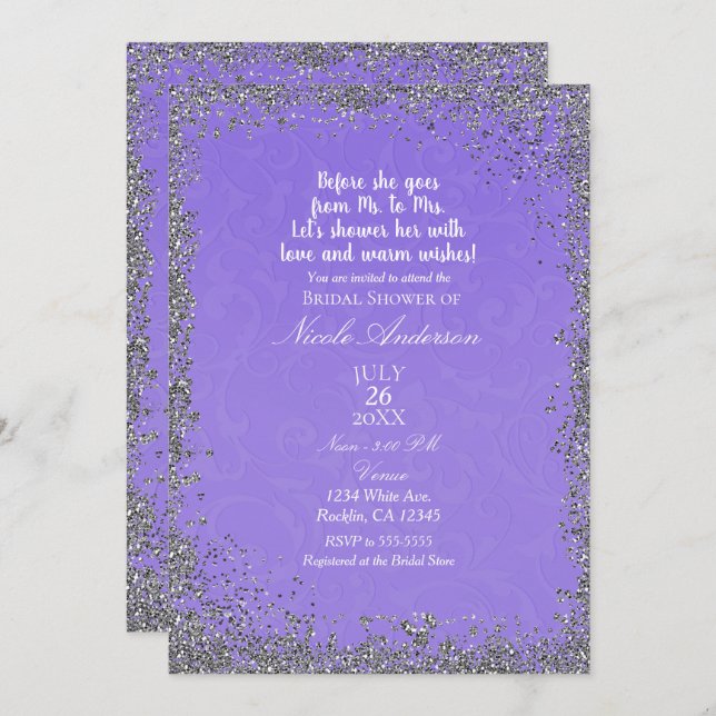 Purple Texture Silver Glitter Modern Bridal Shower Invitation (Front/Back)