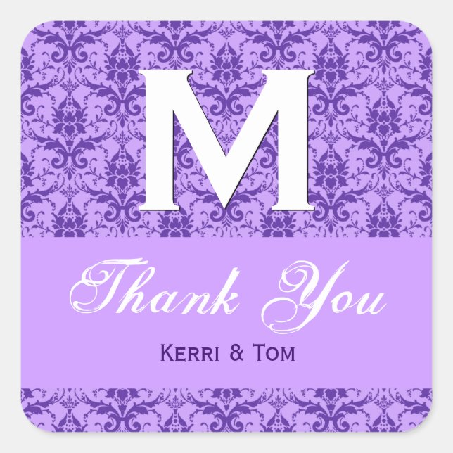 Purple Textured Look Damask Thank You Wedding R315 Square Sticker (Front)