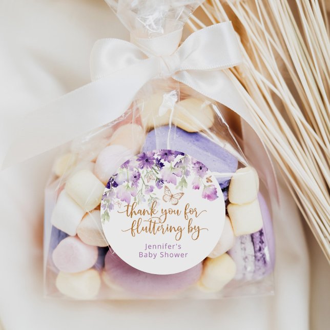 Purple thank you for fluttering by classic round sticker (Creator Uploaded)