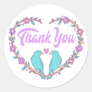Purple Thank You Lovebirds Floral Heart Turquoise Classic Round Sticker