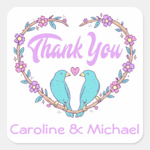 Purple Thank You Lovebirds Floral Heart Turquoise Square Sticker