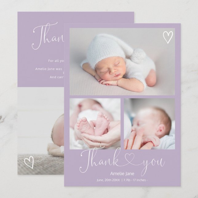 Purple thank you script heart 4 photos baby birth announcement (Front/Back)