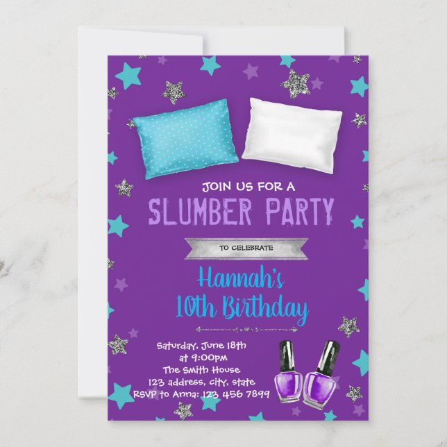 Purple theme sleepover party birthday invitation (Front)