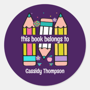 Purple This book belongs to pencil kids bookplate Classic Round Sticker
