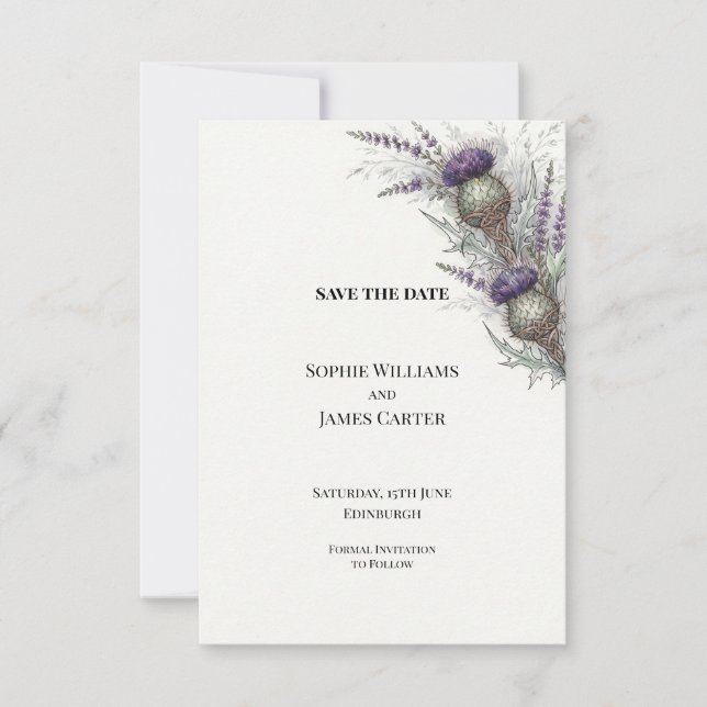 Purple Thistle Heather Scottish Save The Date (Front)