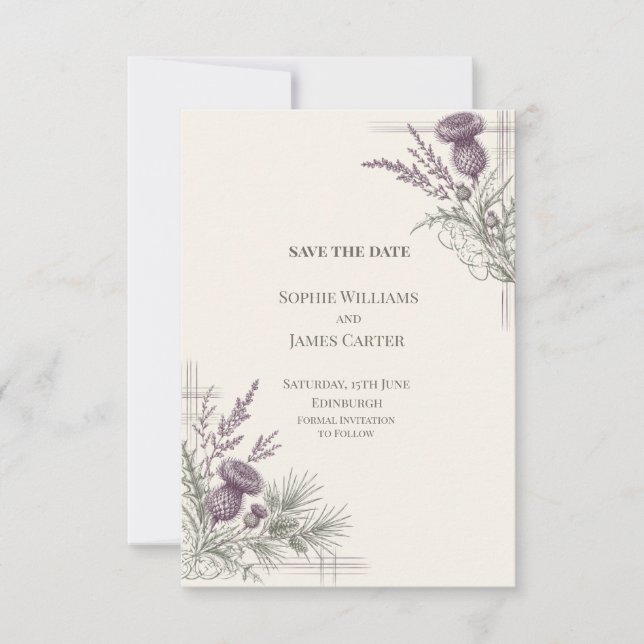 Purple Thistle Pine Celtic Tartan Wedding Save The Date (Front)