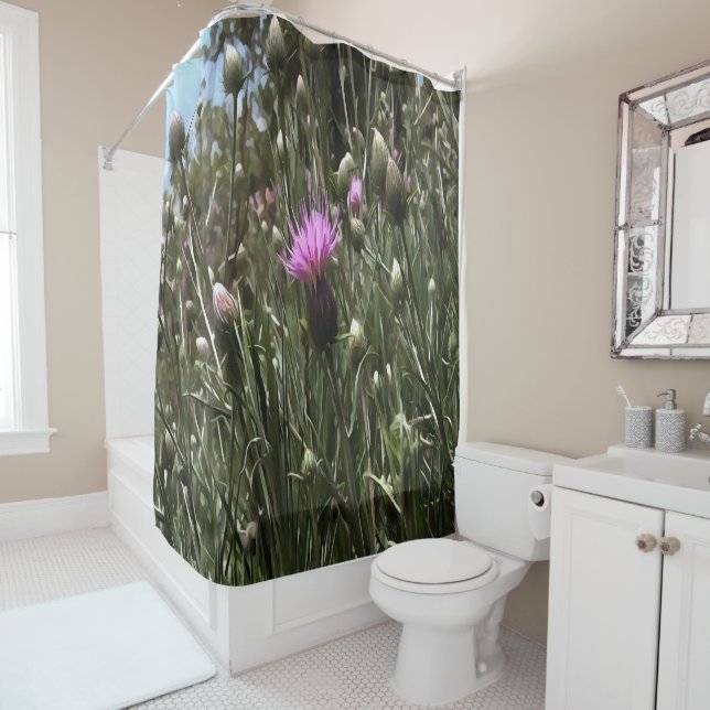 Purple Thistle Wildflower Realistic Art  Shower Curtain (In Situ)