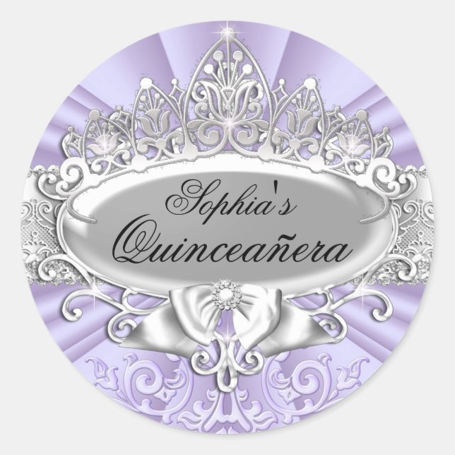 Purple Tiara & Damask Quinceanera Sticker (Front)