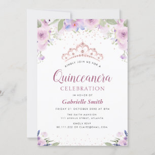 purple tiara floral Quinceanera invitation