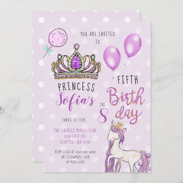 Purple Tiara Princess Horse Birthday Invitations (Front/Back)