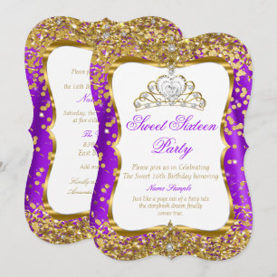 Purple Tiara Princess Sweet 16 Gold White Invite 2