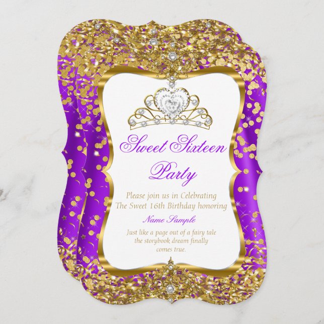 Purple Tiara Princess Sweet 16 Gold White Invite 2 (Front/Back)