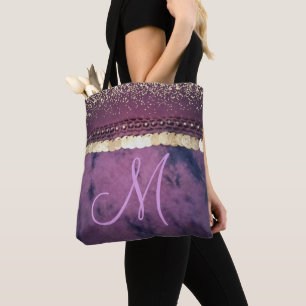 Purple Tie Dye Monogram Gold Coins Glitter Tote Bag