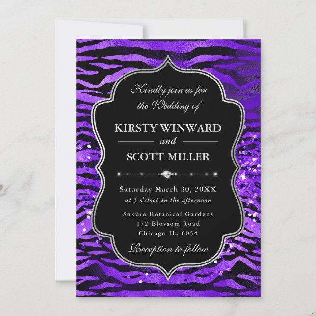 Purple Tiger Stripes Glitter Glam Wedding Invitation (Front)