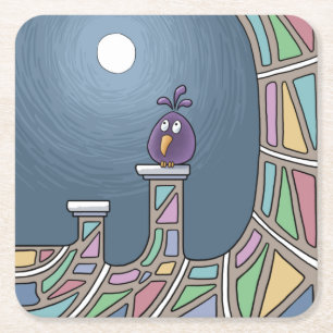 Purple Tiki Bird with full moon Square Paper Coa Coaster