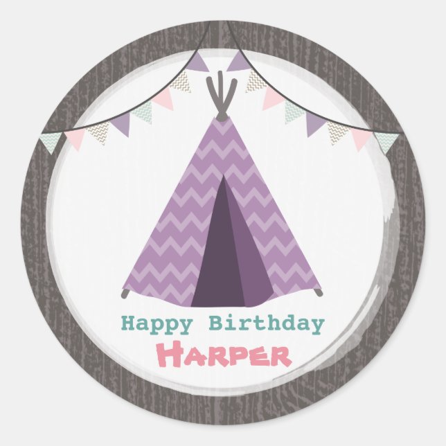 Purple Tipi Birthday Sticker (Front)