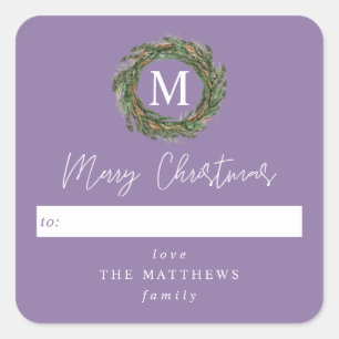Purple To Wreath Monogram Merry Christmas Square Sticker