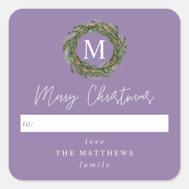 Purple To Wreath Monogram Merry Christmas Square Sticker (Front)