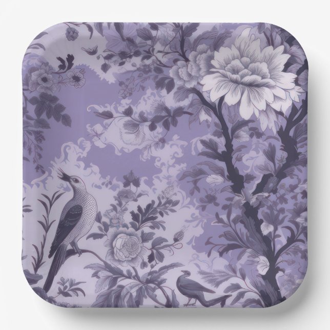 Purple Toile de Fleur Paper Plate (Front)