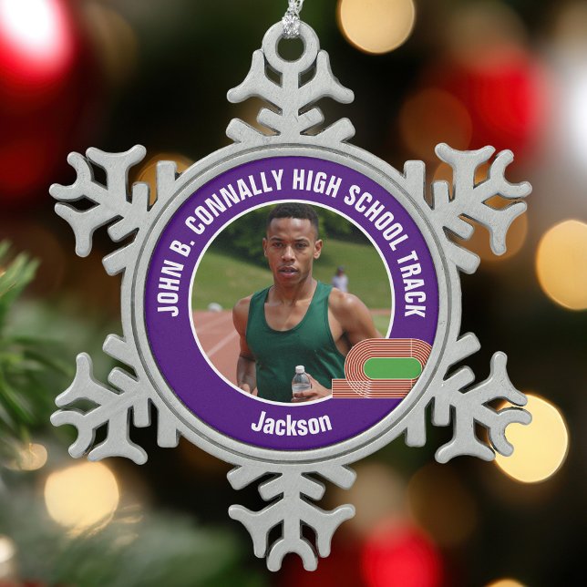 Purple Track & Field Photo High School Athlete Snowflake Pewter Christmas Ornament (Creator Uploaded)