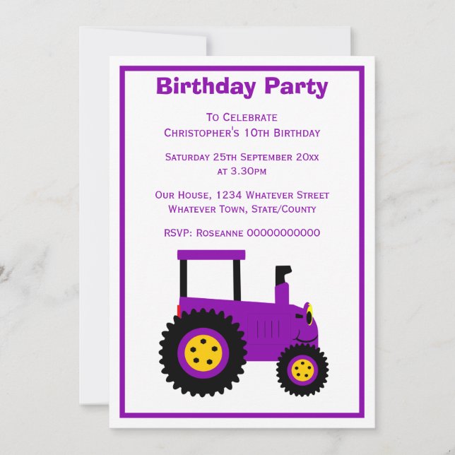 Purple Tractor Design Personalised Birthday Party Invitation (Front)