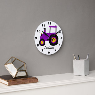Purple Tractor Design Personalised Round Clock