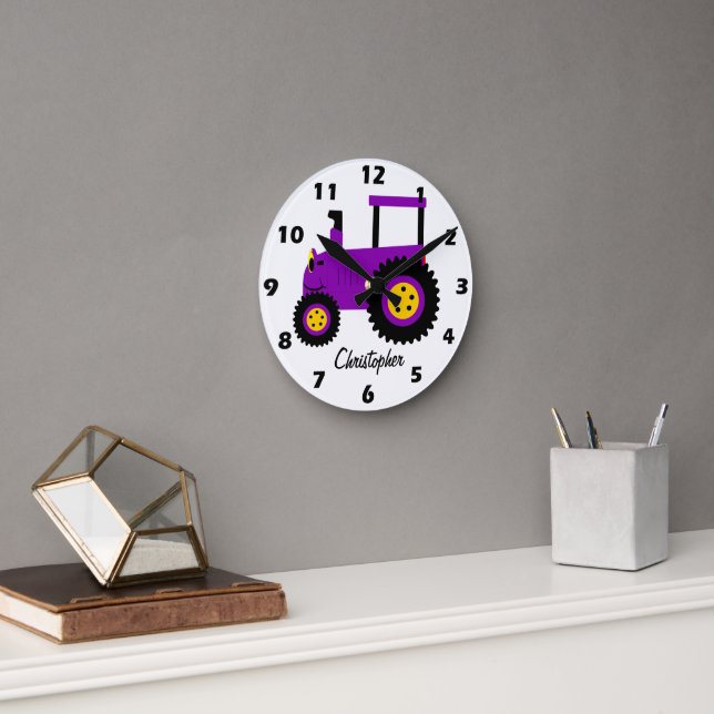 Purple Tractor Design Personalised Round Clock (Office)