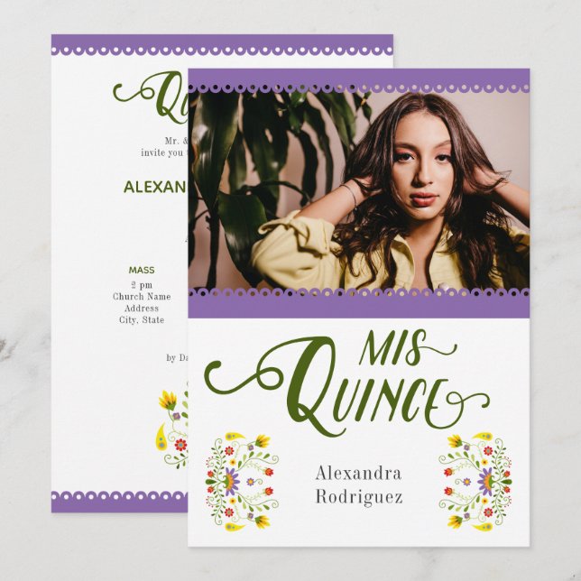Purple Traditional Mexico Floral Photo Quinceanera Invitation (Front/Back)