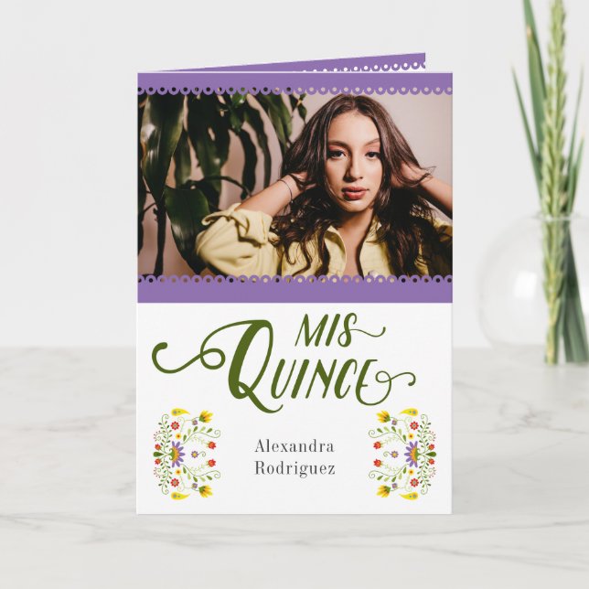 Purple Traditional Mexico Floral Photo Quinceanera Invitation (Front)