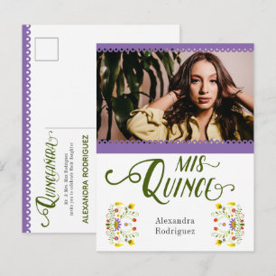 Purple Traditional Mexico Floral Photo Quinceanera Invitation Postcard