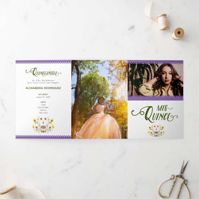 Purple Traditional Mexico Floral Photo Quinceanera Tri-Fold Invitation (Outside)