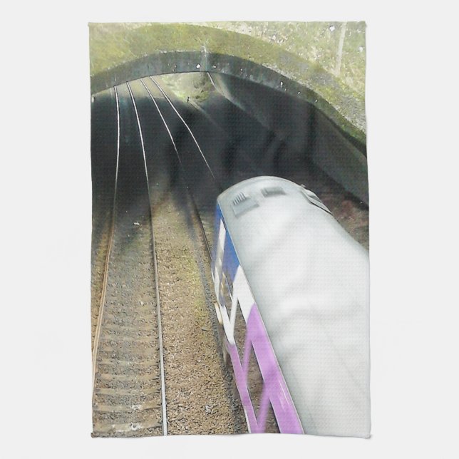 Purple Train, Railway Tracks, Tunnel, Travelling Tea Towel (Vertical)