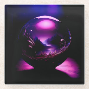 Purple Transparent Globe With Mountain Landscape Glass Coaster