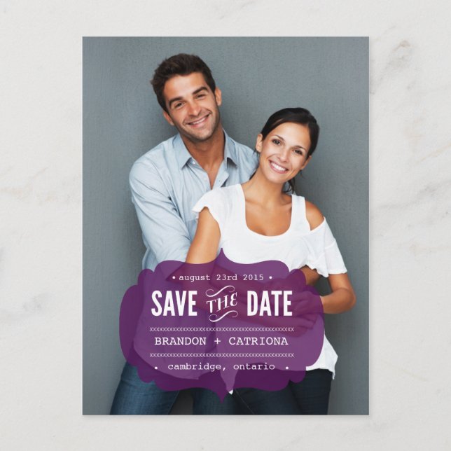 Purple Transparent Label | Save the Date Postcard (Front)