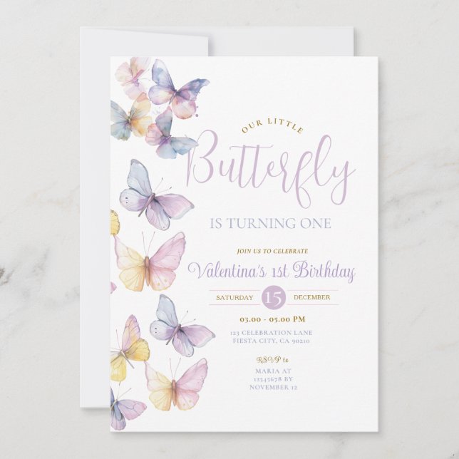 Purple Transparent Little Butterfly is turning one Invitation (Front)