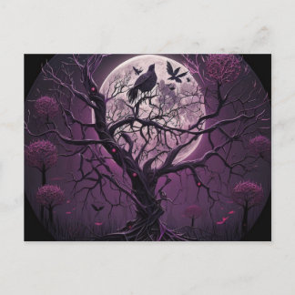 Purple Tree Black Birds Full Moon Halloween Holiday Postcard