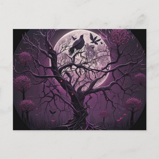 Purple Tree Black Birds Full Moon Halloween Holiday Postcard (Front)
