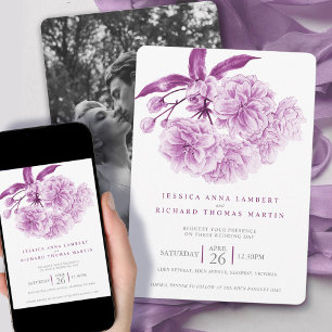 Purple tree blossom watercolor photo wedding invitation