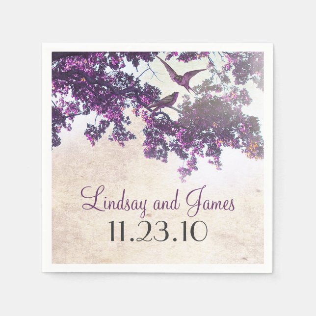 Purple Tree Love Birds Wedding Napkin (Front)