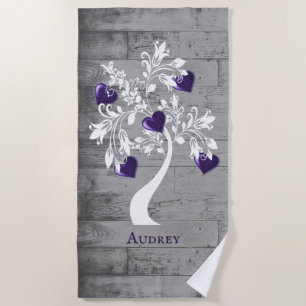 Purple Tree of Hearts Personalised Beach Towel