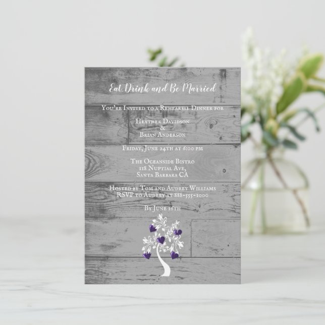 Purple Tree of Hearts Wedding Rehearsal Dinner Invitation (Standing Front)