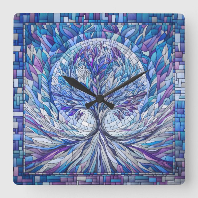Purple Tree of Tranquillity Mosaic art Square Wall Clock (Front)
