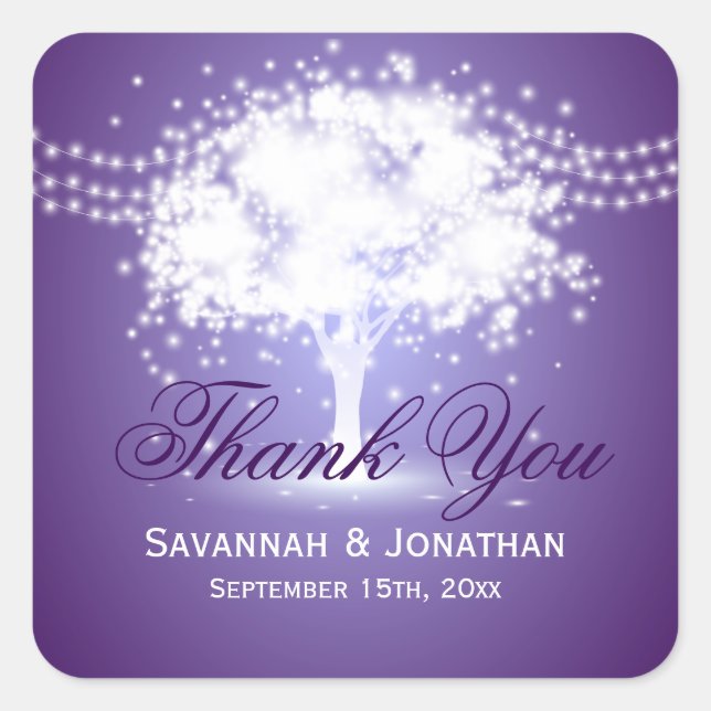 Purple Tree String Lights Wedding Thank You Square Sticker (Front)