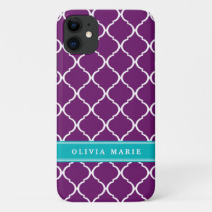 Purple Trellis Pattern Turquoise Name iPhone 11 Case