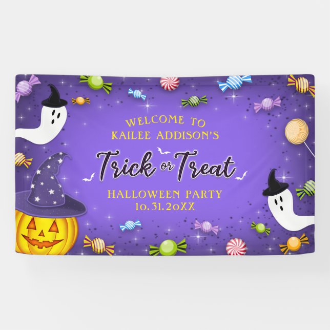 Purple Trick or Treat Kids Halloween Candy Party Banner (Horizontal)