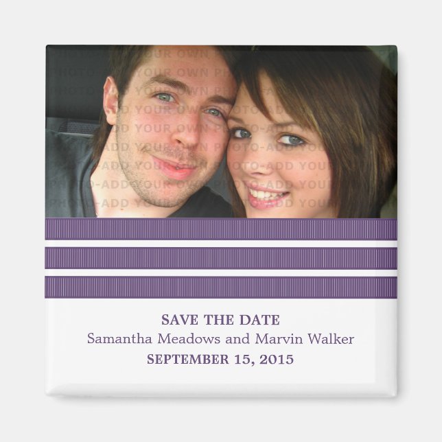 Purple Triple Stripe Photo Save the Date Magnet (Front)