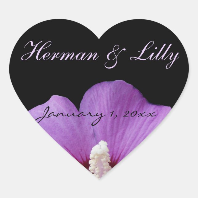 Purple Tropical Flower Personalised Wedding Heart Sticker (Front)