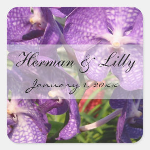 Purple Tropical Flowers Personalised Wedding Square Sticker